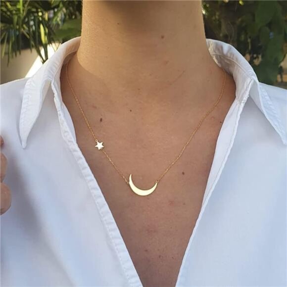 Gold Star & Moon Necklace | 14K Gold Plated Dainty Pendant | Adjustable - Picture 4 of 5